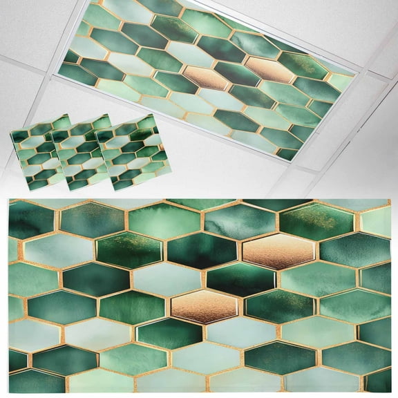 Ceiling Light Cover for Classroom, Dark Green Marble Magnetic Fluorescent Light Covers Filter for School,Office, 2X4  FT, Pack of 3, Gold Hexagon Geometric Modern Pattern