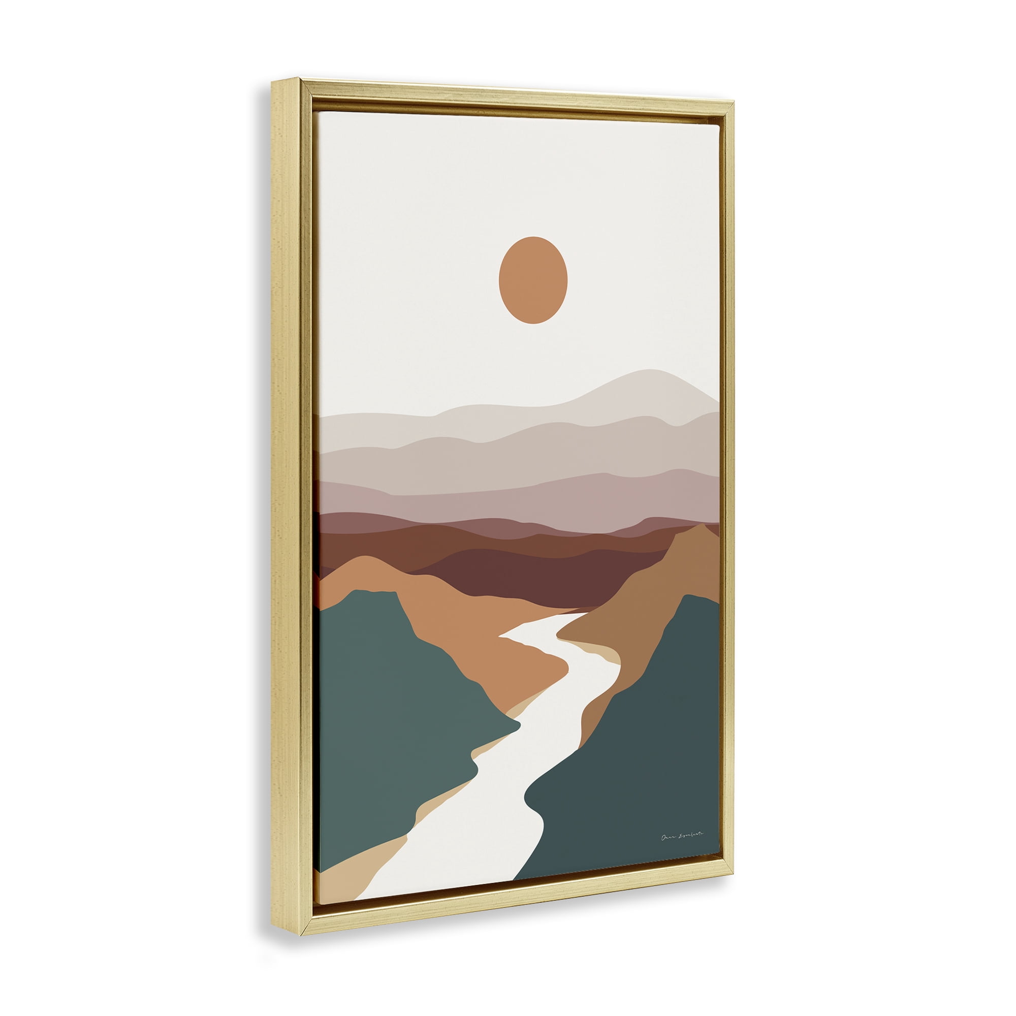 Stupell Industries Natural Mountain Valley Landscape & Nature Painting Gold Floater Framed Canvas Art Print Wall Art, 17 x 25