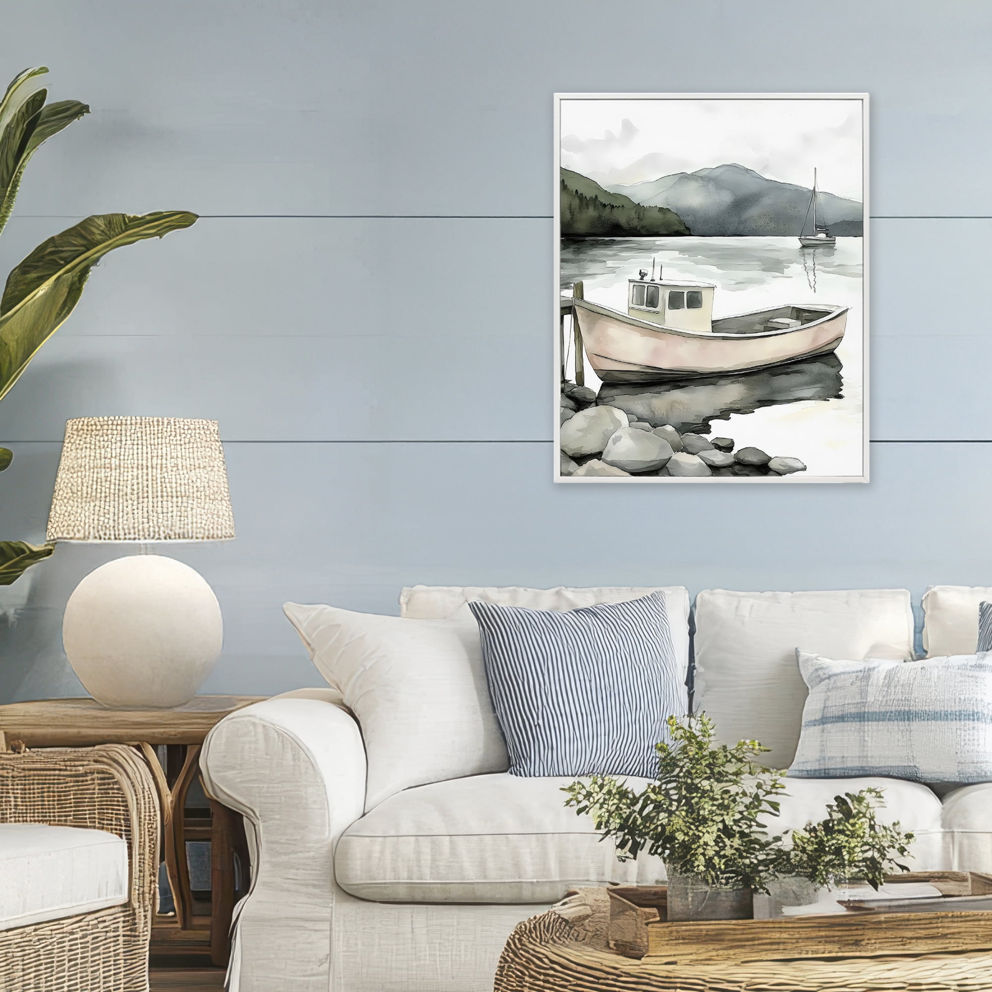 Stupell Industries Coastal Calm Docked Boat White Framed Giclee Art, design by Riley B
