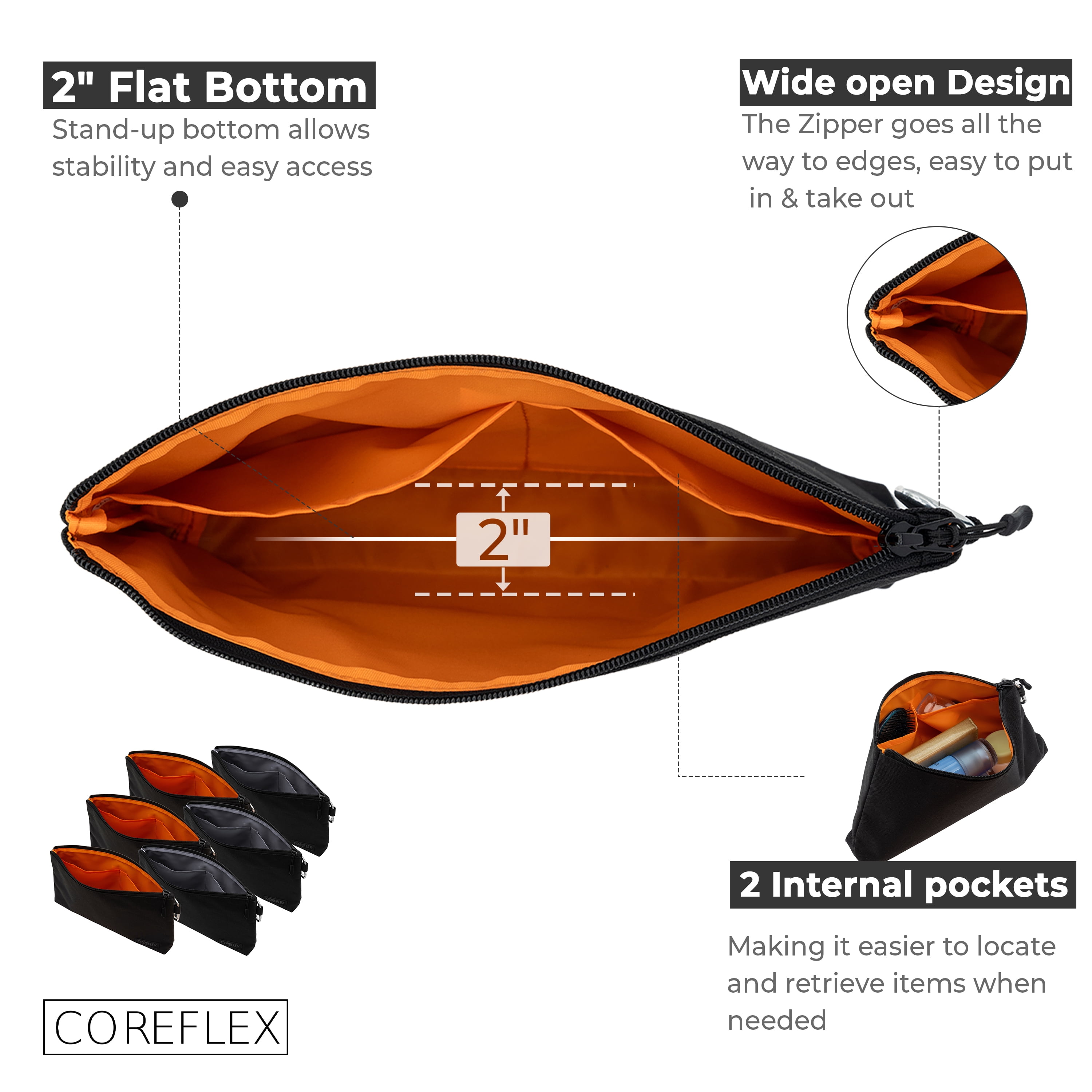 Coreflex 6 Pack Premium Tool Pouch Zipper Bag, Small Tool Bag, Multipurpose Storage pouch, 12 X 7 X 2 inches, All Black