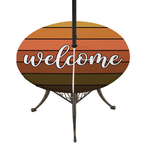Outdoor Tablecloth with Umbrella Hole and Zipper Orange Stripes Round Fitted Table Cover with Elastic Waterproof Wood Striped Welcom Patio Tablecloths for Picnic BBQS Garden Dinner Party Fit 55"-60"