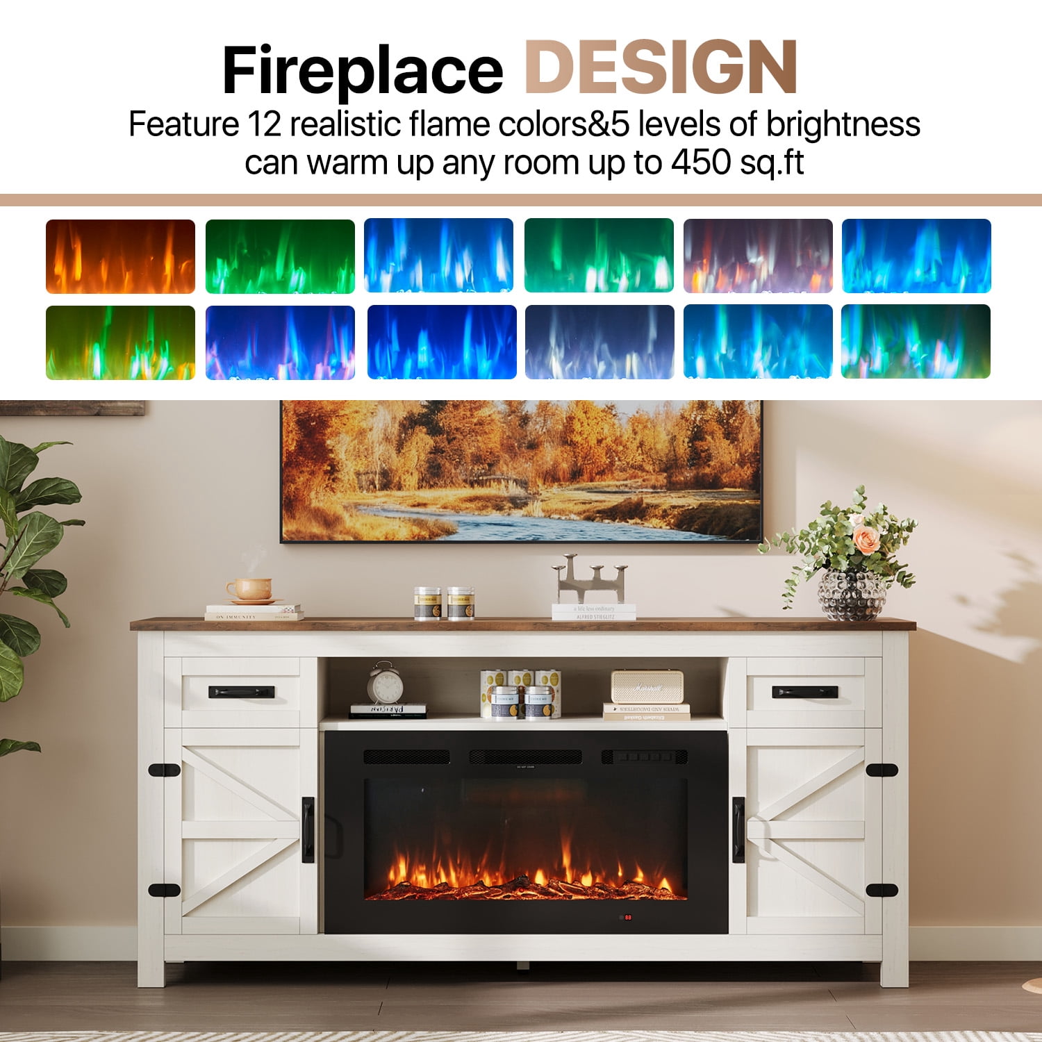Sonegra 70" Fireplace TV Stand, Entertainment Center for TVs Up to 80”, TV Console with Storage Cabinets, Media Console for Living Room, White TV Stand and Black Fireplace