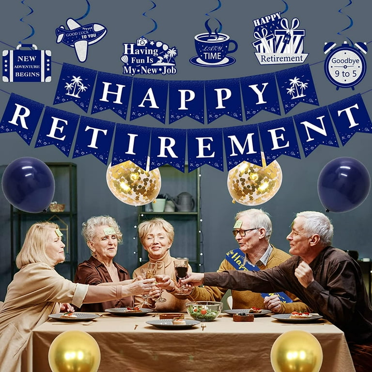 30Pcs Retirement Party Decorations Navy Blue Gold for Men Women Happy Retirement Banner Sash Hanging Swirls Paper Pom Poms and Balloons Retirement