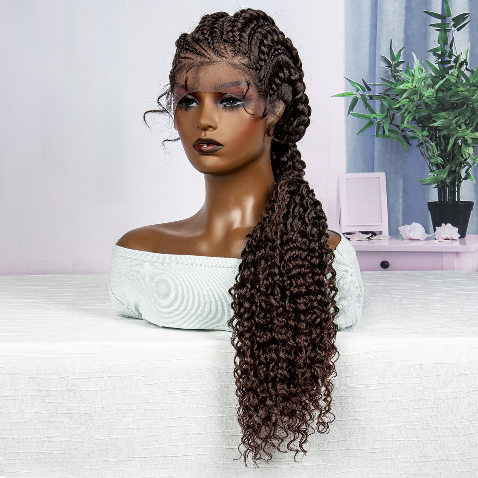 28 Inches Lace Frontal Synthetic Braided Wigs Lace Front Braided Ponytail Wig Natural Knotless with Baby Hair for Black Women Daily Use (1B/33 Color)
