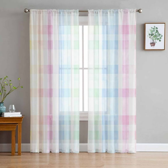 Blue Pink Plaid Semi Sheer Curtains 84 Inch Length 2 Panels Set, Pastel Green White Buffalo Patchwork Sheer Kitchen Curtain Privacy Voile Window Curtain for Living Room Bedroom Rod Pocket Drapes