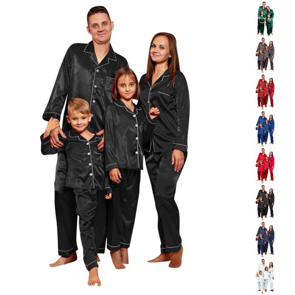 HNMKIU Christmas Button Front Matching Family Outfits Long Sleeve Solid Color Pajama Set Cozy Family Pajamas for All Seasons,Black,L