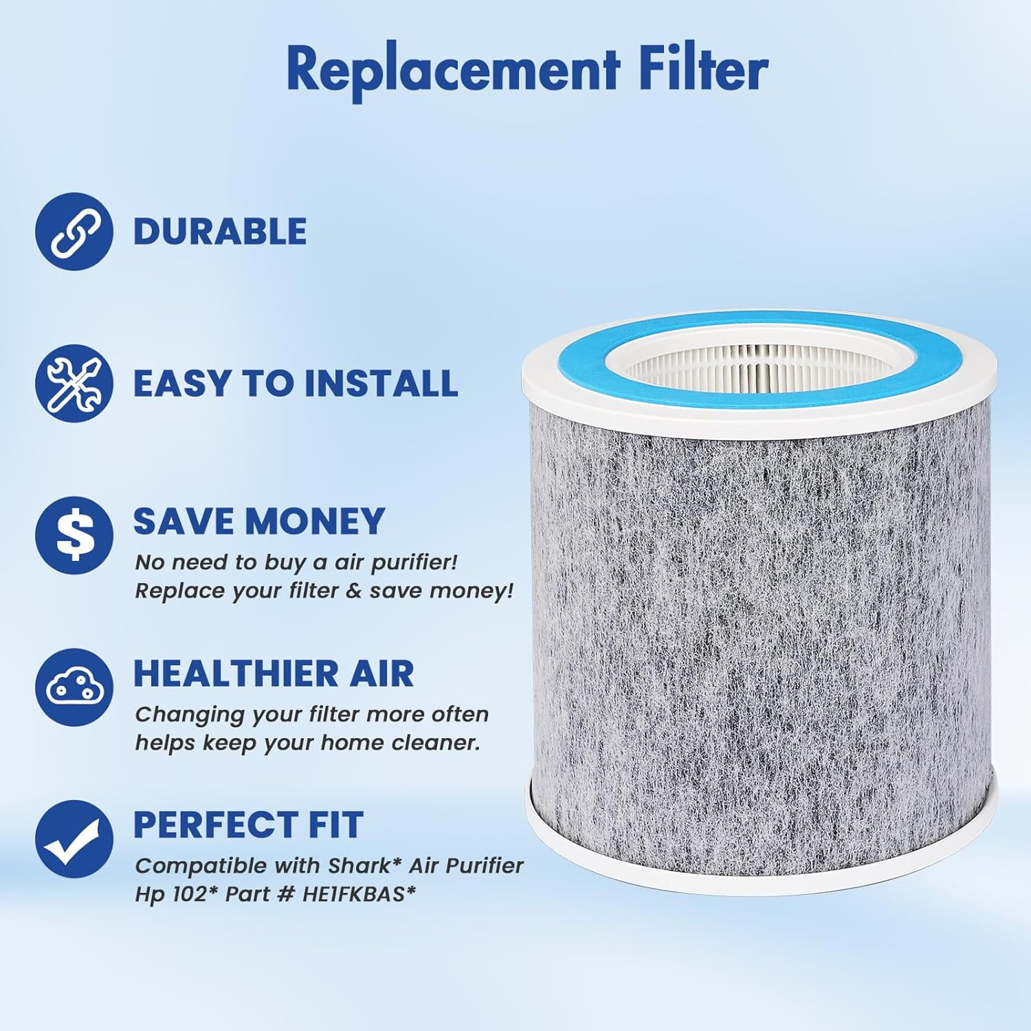 2 Pack HP102 Replacement Filter Compatible with Shark HP100 HP130 HP132 HP152 HC450 HC451 HC452 HC455 Air Purifier, H13 True HEPA,Compare Part # HE1FKPET, HE1FKBAS