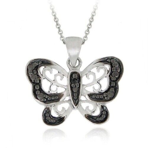 Accent Butterfly Black Diamond Necklace 925 Sterling Silver 18" Chain