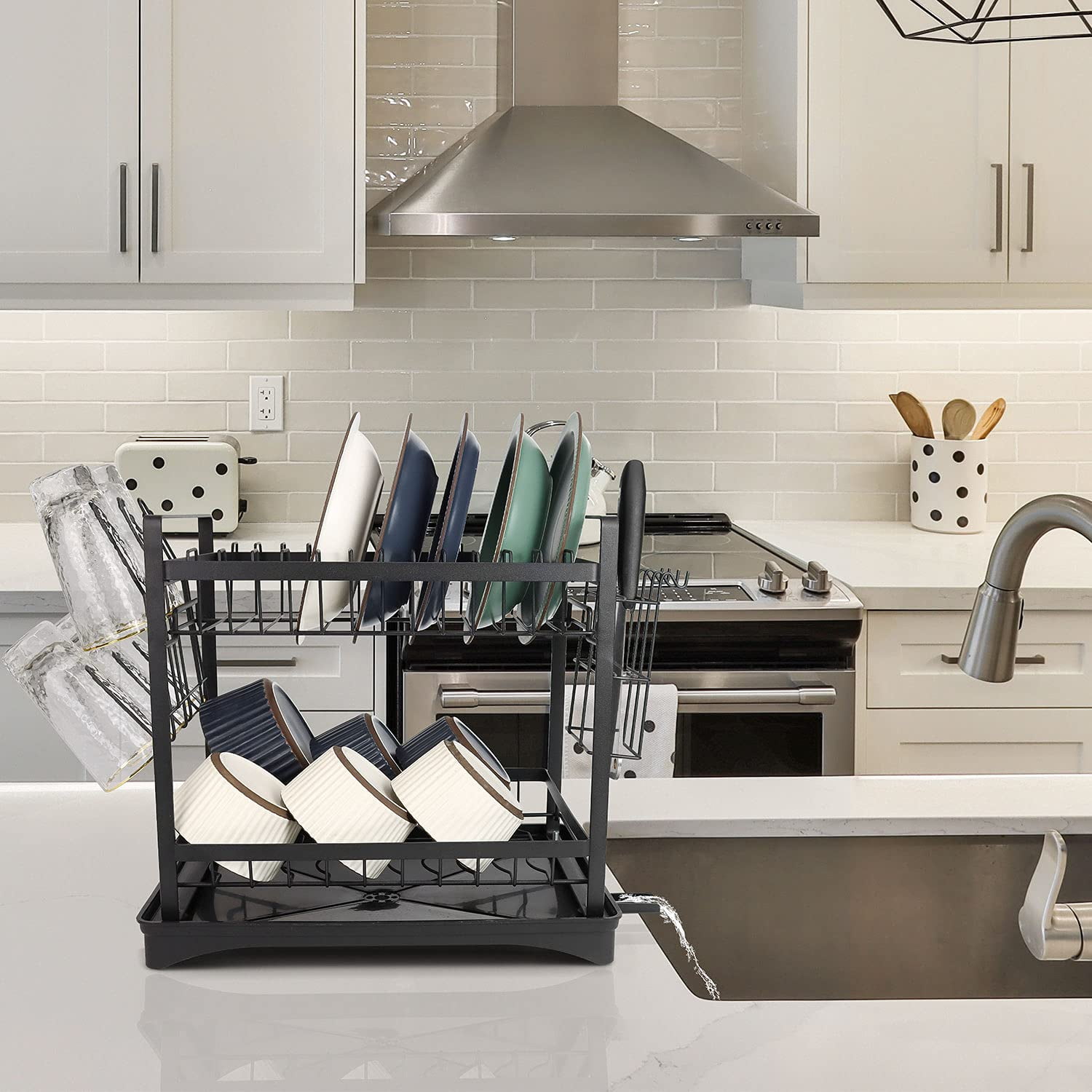 Kroyicegears 2 Tier Dish Drying Rack - Stainless Steel Dish Racks for Kitchen Counter with Drainboard and Cutlery Holder, Large, Black