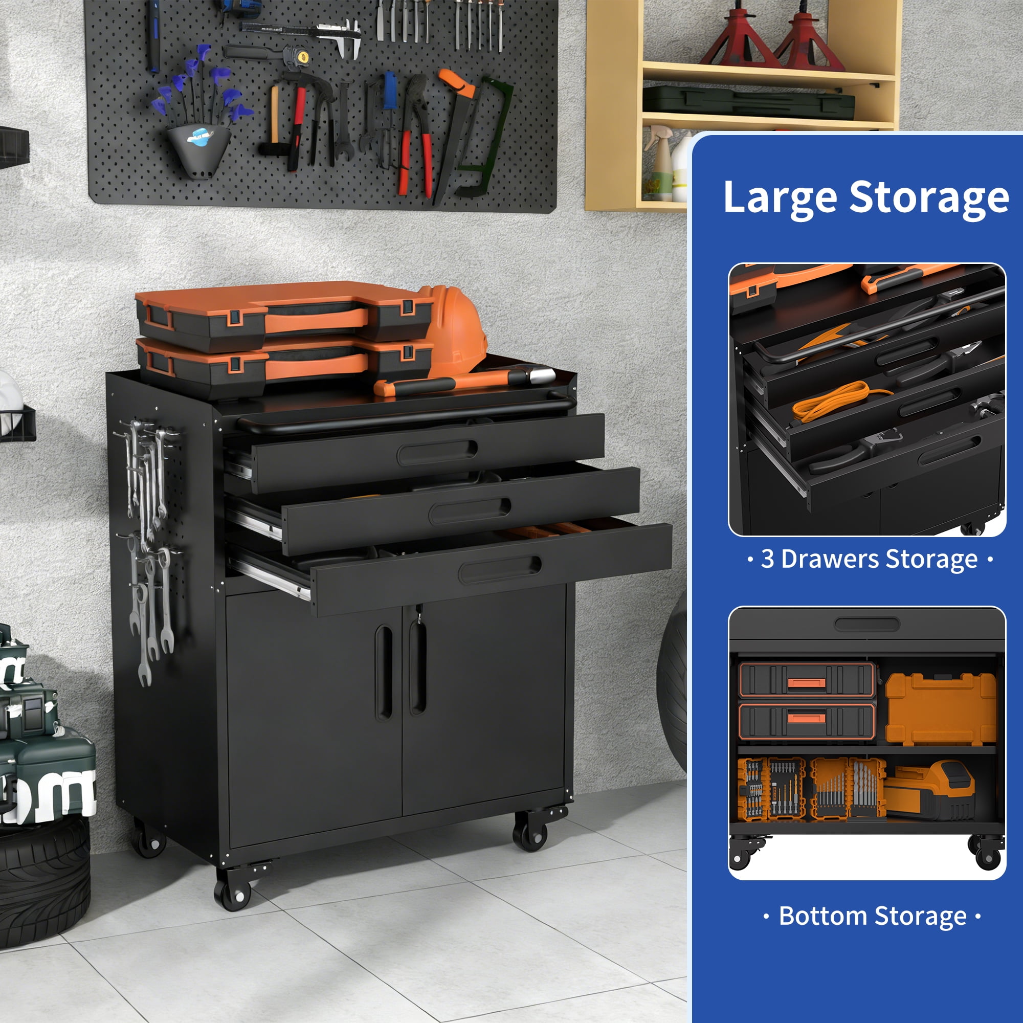 Rolling Metal Tool Cabinet – Heavy Duty Garage Storage with Lockable Doors & 3 Drawers, Mobile Workbench