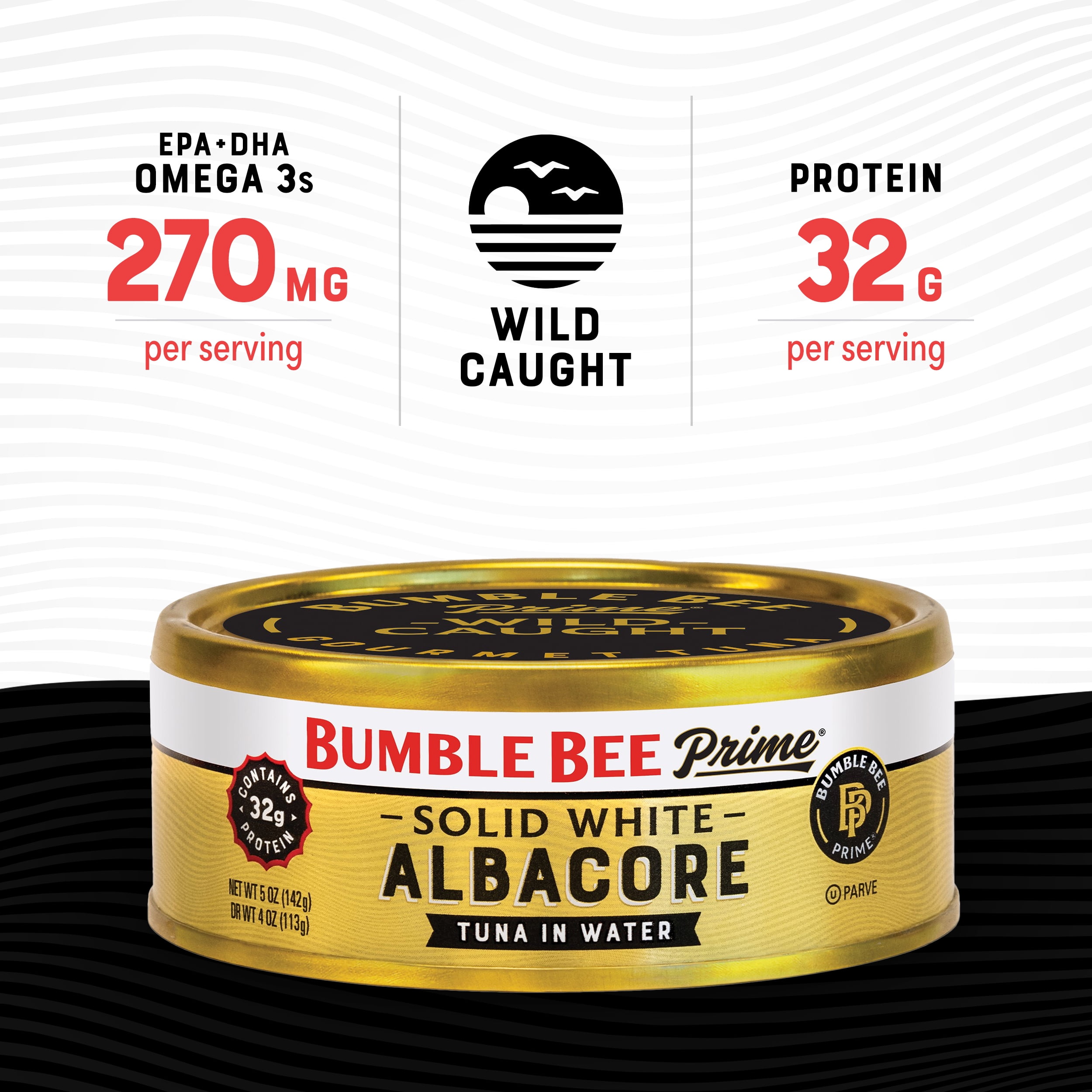 (4 pack) Bumble Bee Prime Solid White Albacore Tuna in Water, Wild Caught, Gluten Free, 32g Protein Per Serving, Shelf Stable Can, 5 oz