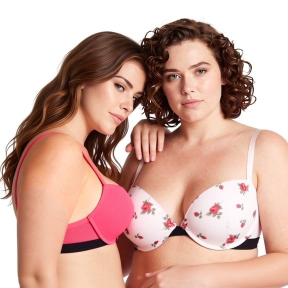 Curve Muse Women's Plus Size Add 1 and a half Cup Push Up Underwire Bras -2PK-Pink Print,Coral-32B