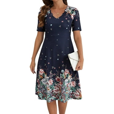 DYMADE Women Summer Floral Print V-Neck Short Sleeve Flared Fit Midi Length A-Line Dress