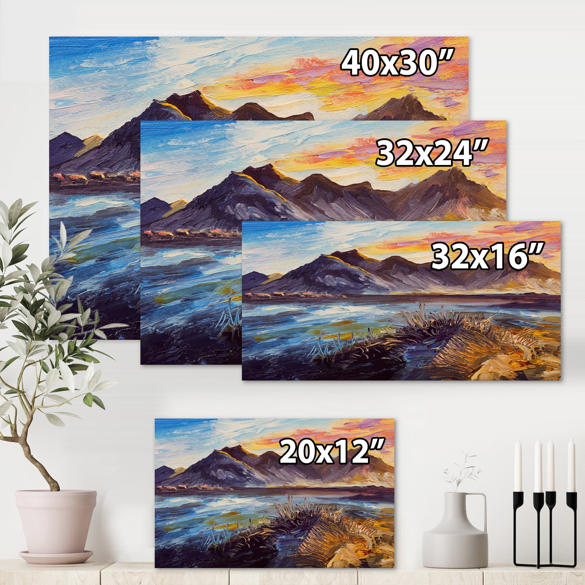 Designart ' Impression Pink Sunset Over The Mountains By The Sea ' Nautical & Coastal Canvas Wall Art Print