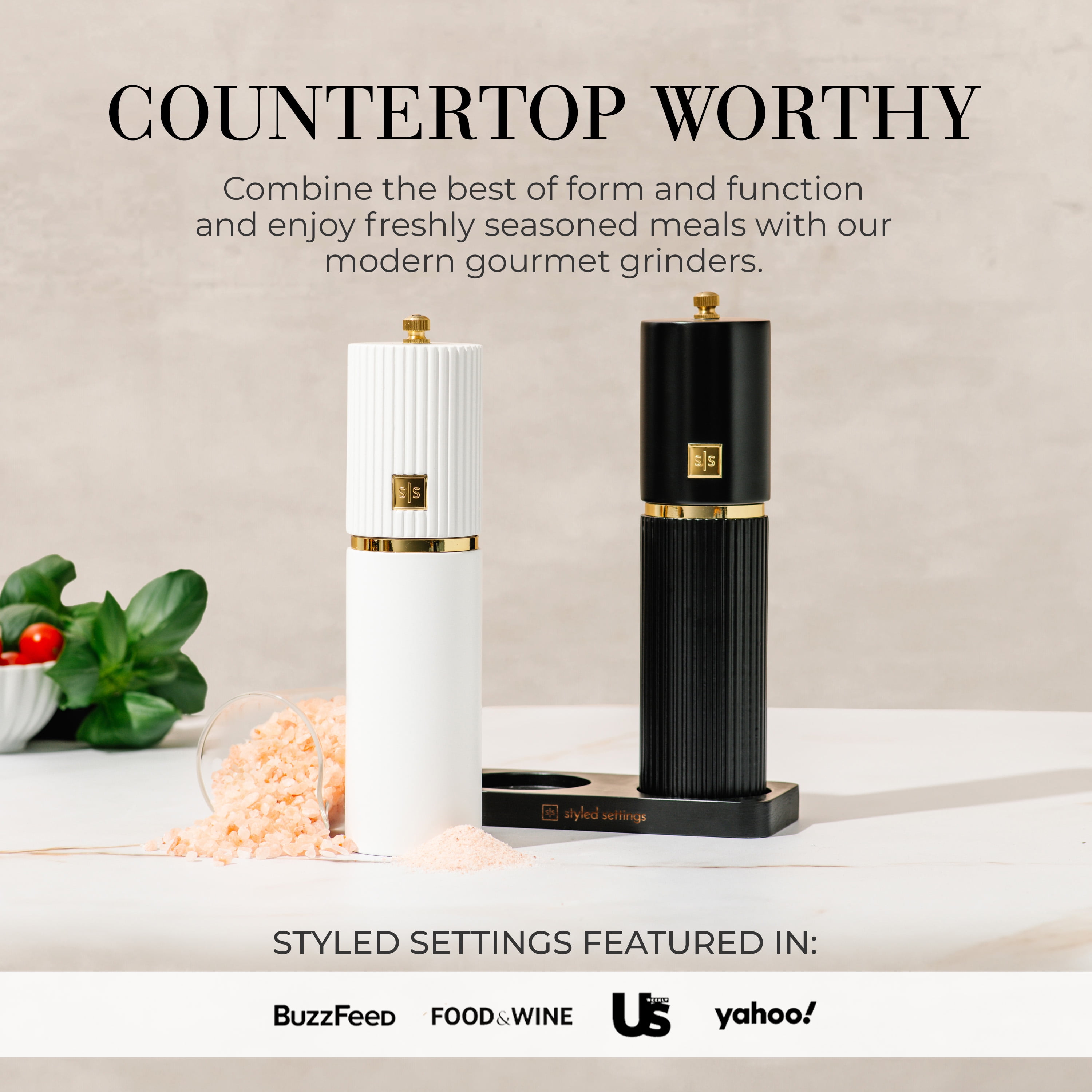 Styled Settings White and Black Salt and Pepper Grinder Set with Gold Accents – Manual Wooden Mills with Adjustable Ceramic Grinders and Stand – Set of two