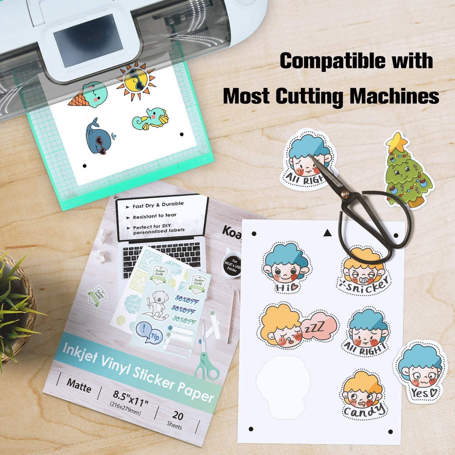 Koala Printable Vinyl Sticker Paper for Inkjet, 100 Sheets, Waterproof Sticker Paper 8.5x11 Matte White, Cutable
