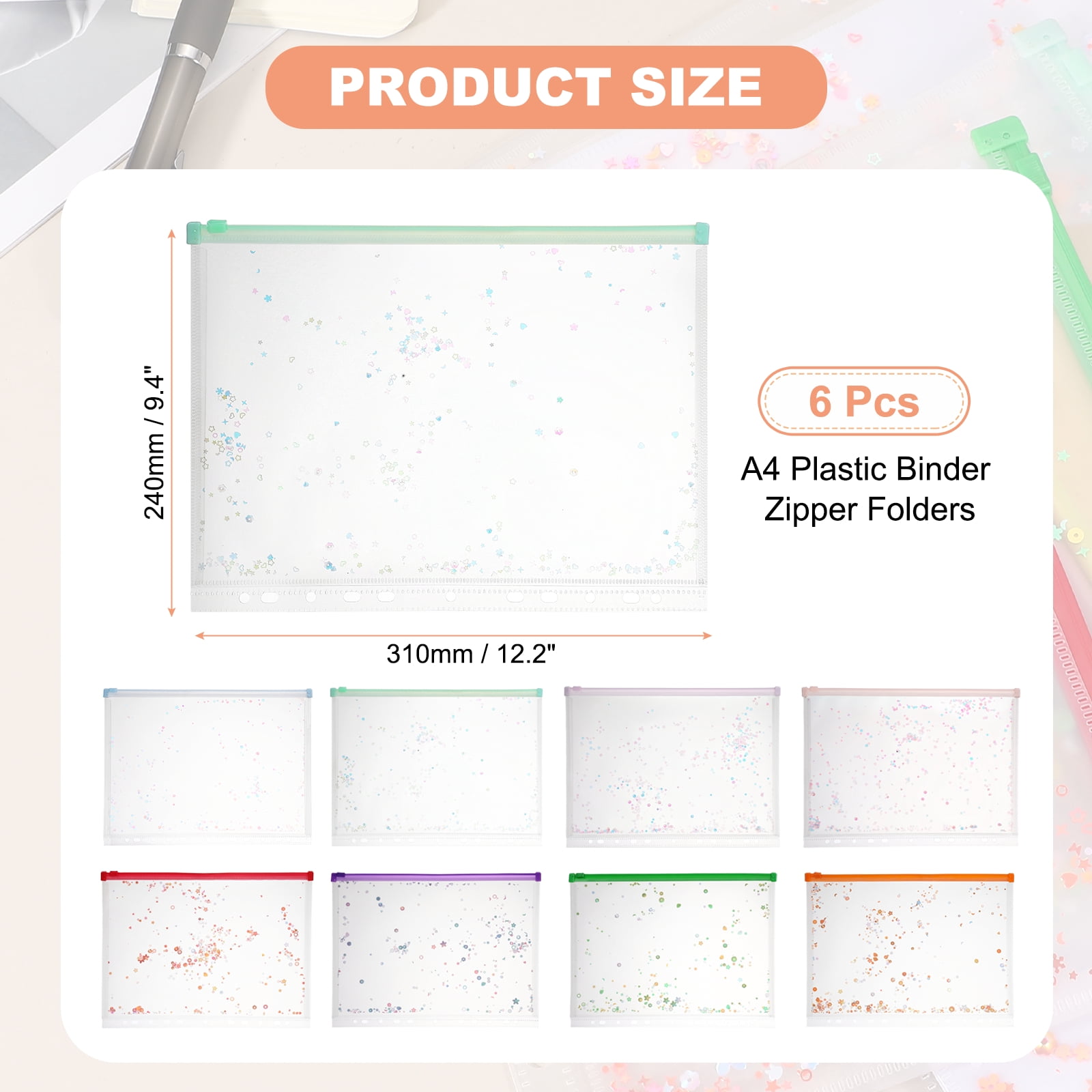 Uxcell 6Pcs A4 Plastic Binder Zipper, Binder Pockets 12 x 9" Clear Envelope Folders Planner Waterproof Pouch Filing with Sequin Decor for Document Notebook Card Organizer, Light Green