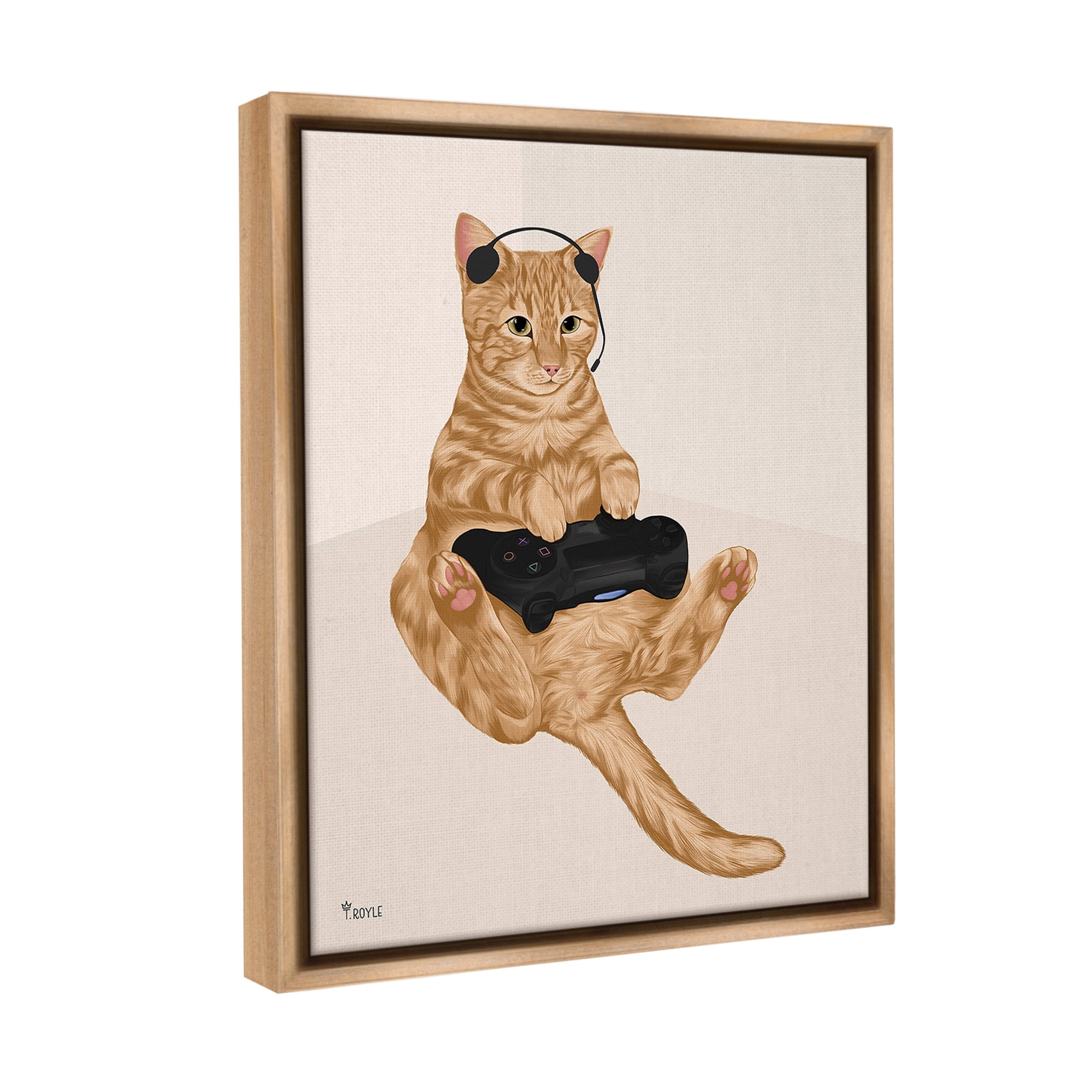 Stupell Industries Gamer Tabby Cat Animals & Insects Painting Brown Floater Framed Canvas Art Print Wall Art, 25 x 31