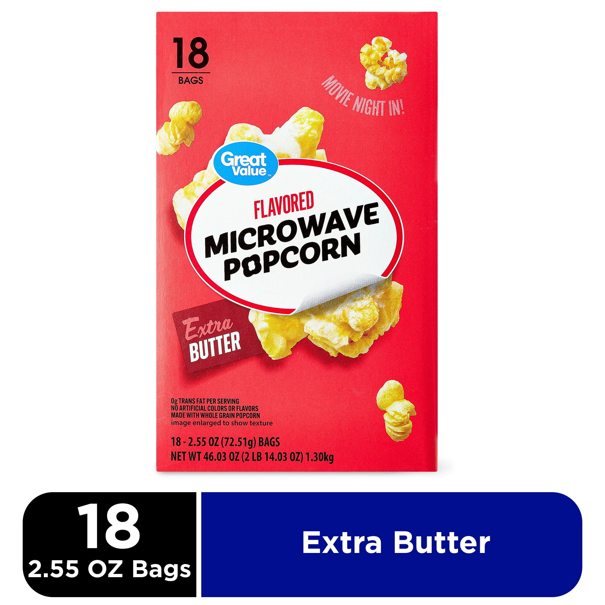 (4 pack) Great Value Extra Butter Flavored Microwave Popcorn, 2.55 oz, 18 Count