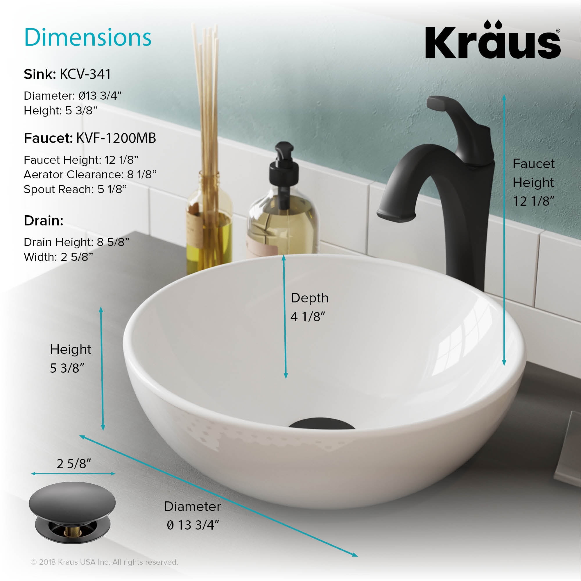 KRAUS Elavo 14-inch Round White Porcelain Ceramic Bathroom Vessel Sink and Matte Black Arlo Faucet Combo Set with Pop-Up Drain