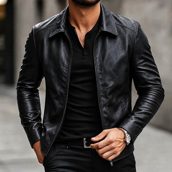 Yaoyar Men's Solid Vintage Moto Zip Pocket Long Sleeve Hoodless Faux Leather Jacket, Casual Outerwear for Street Style