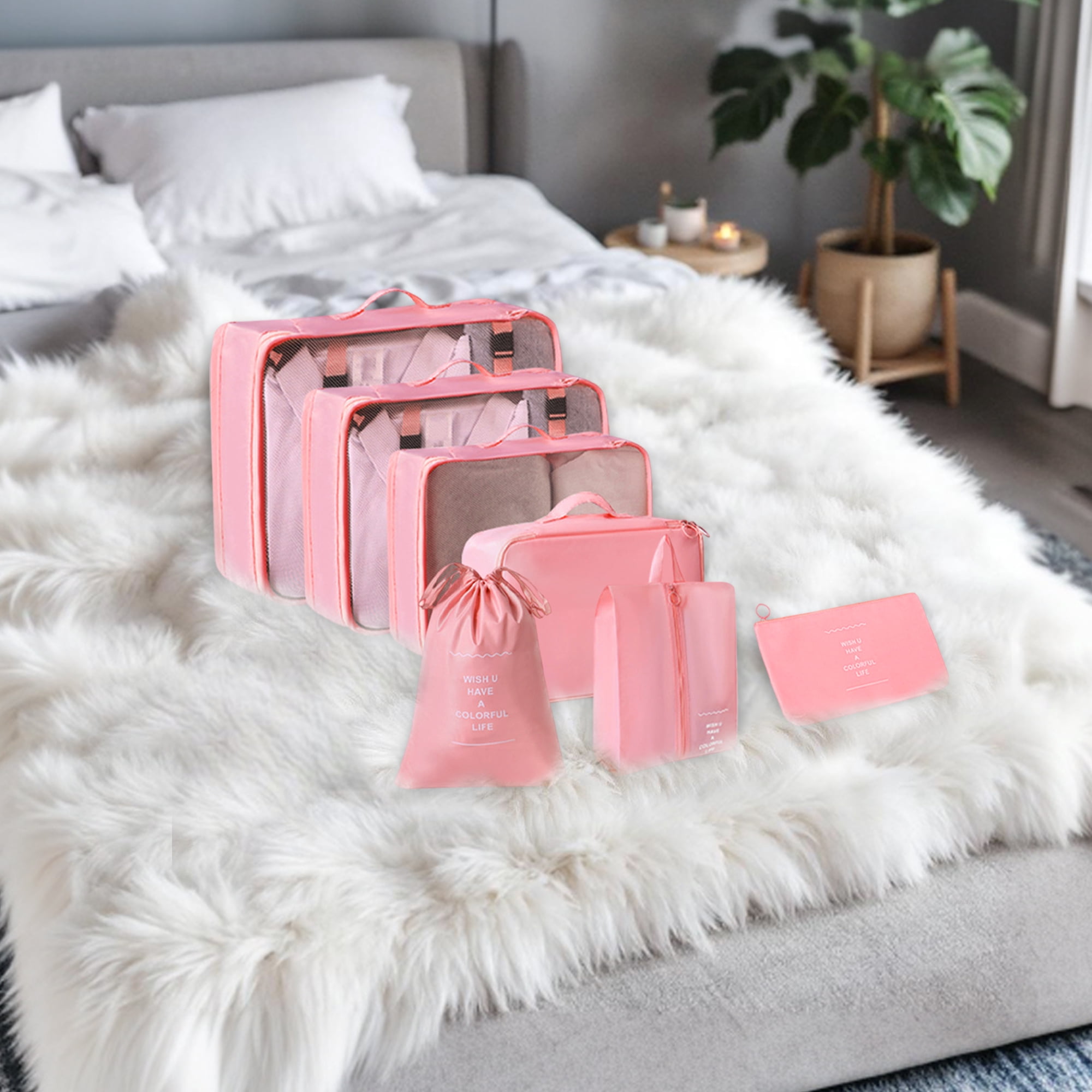 Unique Bargains Portable Packing Cube Set with 7 Different Sized Bags Pink