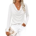 thumbnail image 2 of Women's Cowl Neck Ruched Tops Dressy Casual Long Sleeve Work Office T Shirts White 2XL, 2 of 9