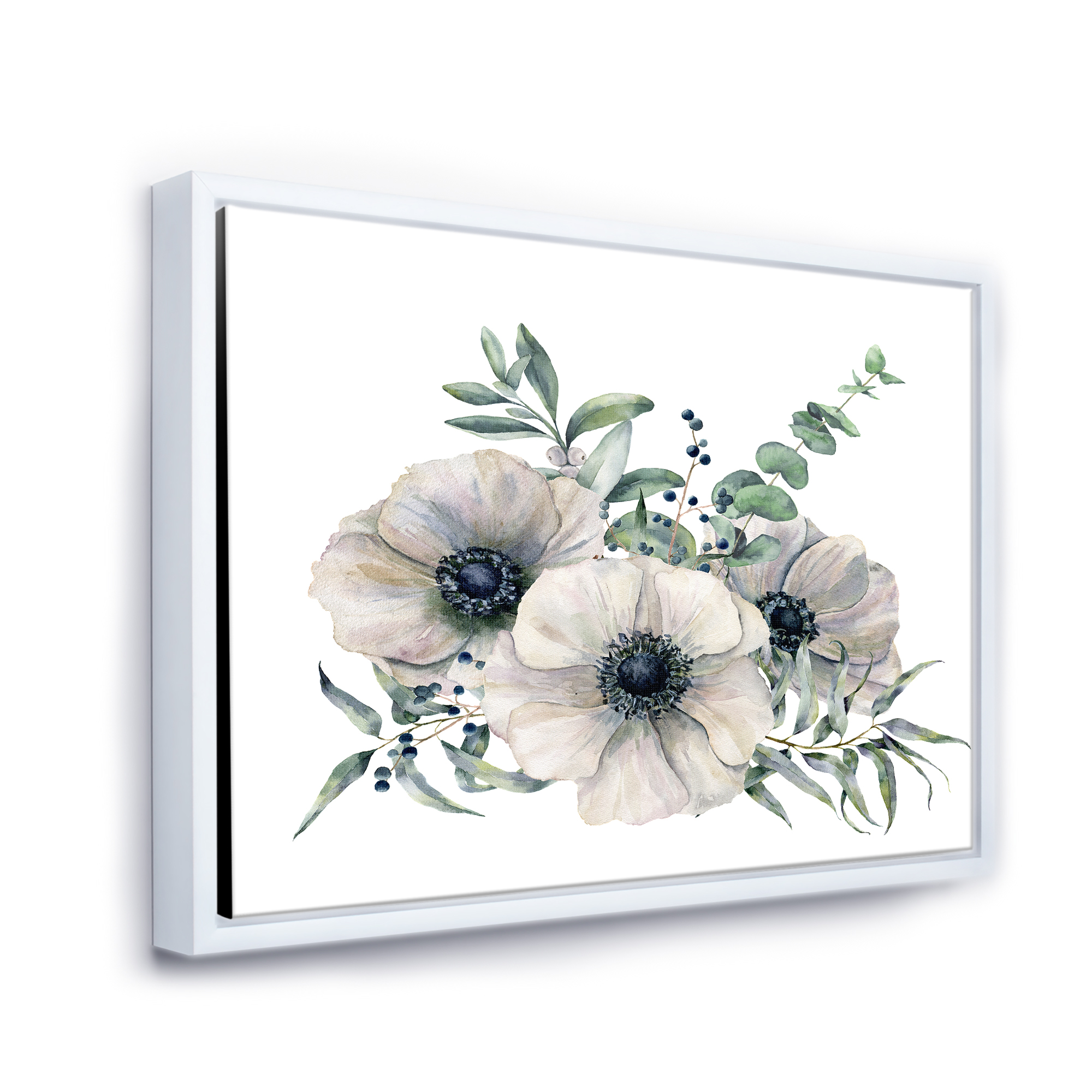 Designart 'Eucalyptus Leaves With White Anemone Bouquet' Traditional Framed Canvas Wall Art Print