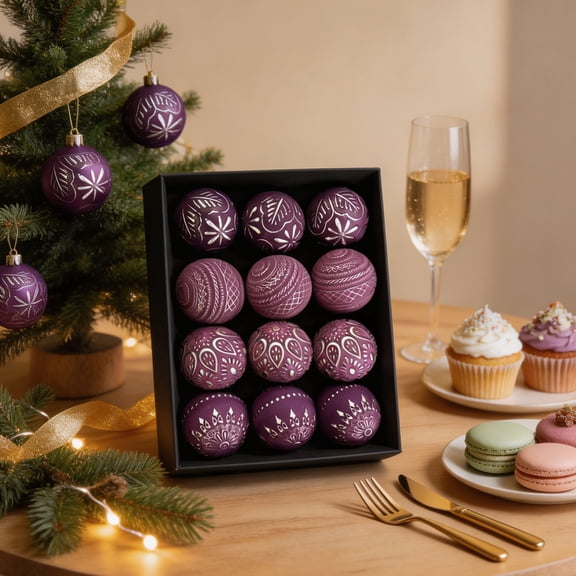 Dreisshy 8cm Vintage Christmas Tree Ornaments Ball Set, 12 PCS Shatterproof Antique Traditional Christmas Ball Ornaments for Indoor Xmas Home Decor, Christmas Gifts, Purple