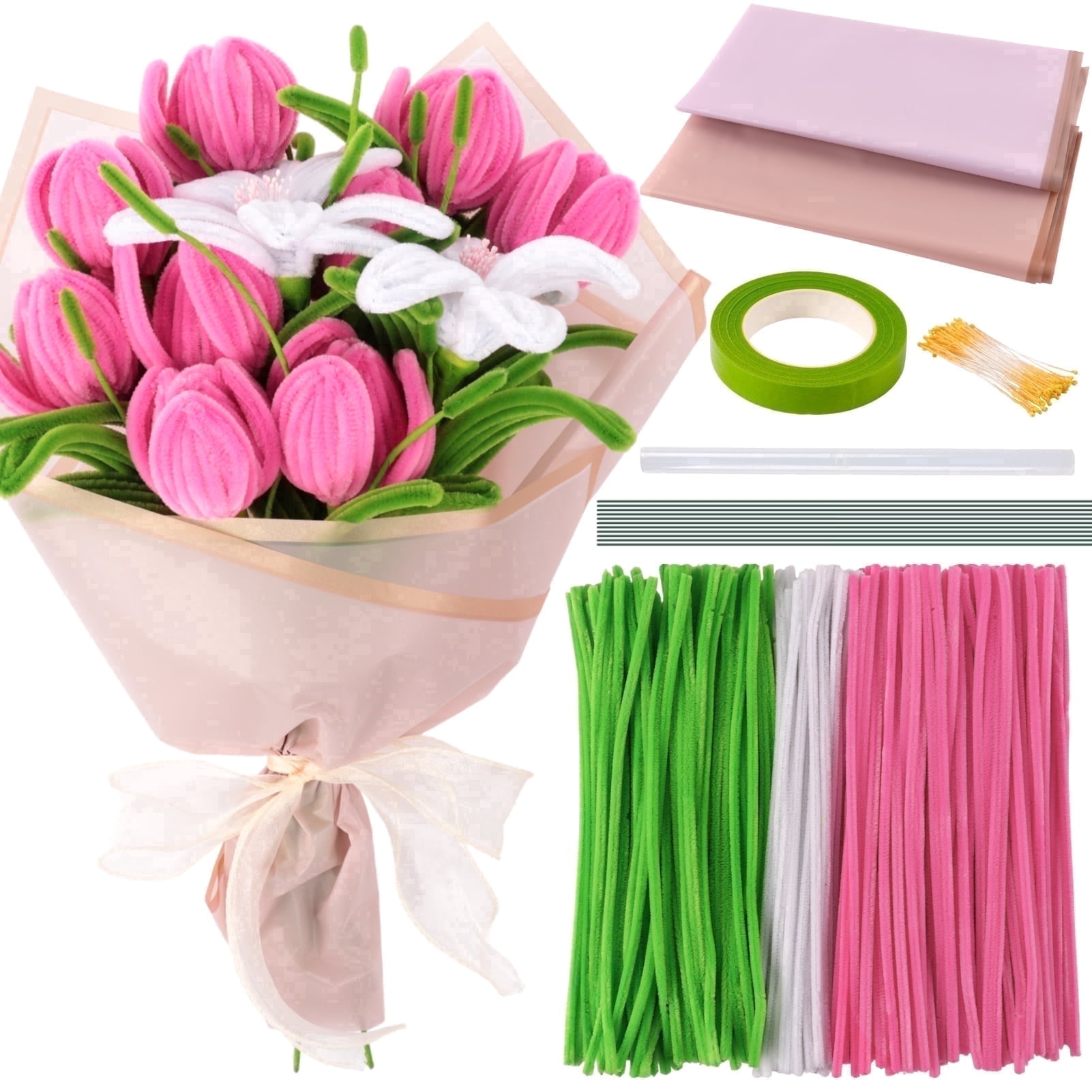 CandWuom Pink Green Pipe Cleaners Flower Kit for Graduation Gifts, Chenille Stems for Pipe Cleaner Tulip Flowers Bouquets Making