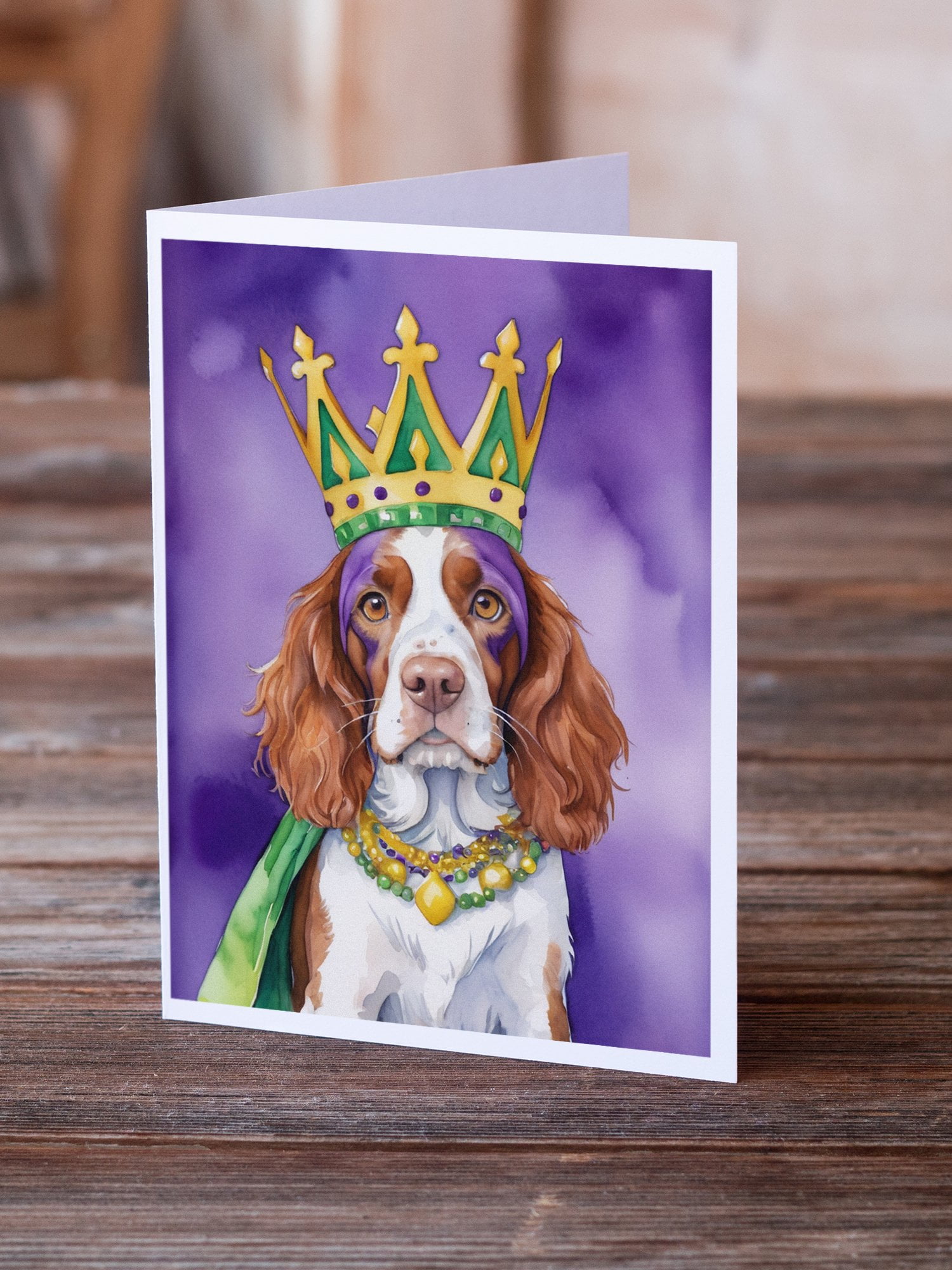 Welsh Springer Spaniel King of Mardi Gras Greeting Cards Pack of 8 7 in x 5 in