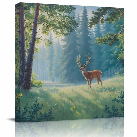 Natural Forest Trees Wild Elk Canvas Artwork Painting Art, Nature Scenery Square Framed Wall Decorations Prints Picture for Bedroom Kitchen Living Room, 8x8 in