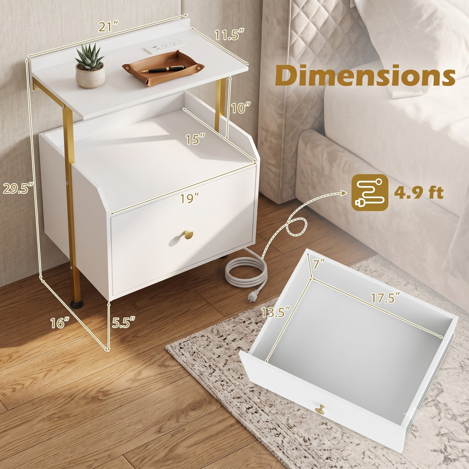 Furnibear Wall-mounted Nightstand with LED Lights and Charging Station, Floating Bedside Table with Open Shelves and Storage Drawer, White