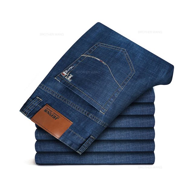 Pantalones vaqueros rectos finos de verano para hombre, pantalones vaqueros holgados informales elásticos en negro y azul, pantalones de marca para hombre