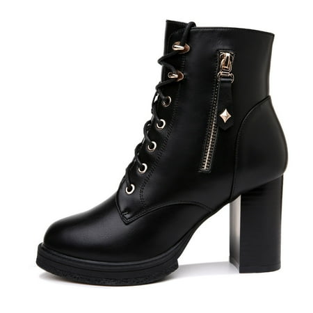 

Women‘s Chunky Heel Combat Boots Fashion Black Side Zipper & Lace Up Short Boots Women‘s High Heeled Boots