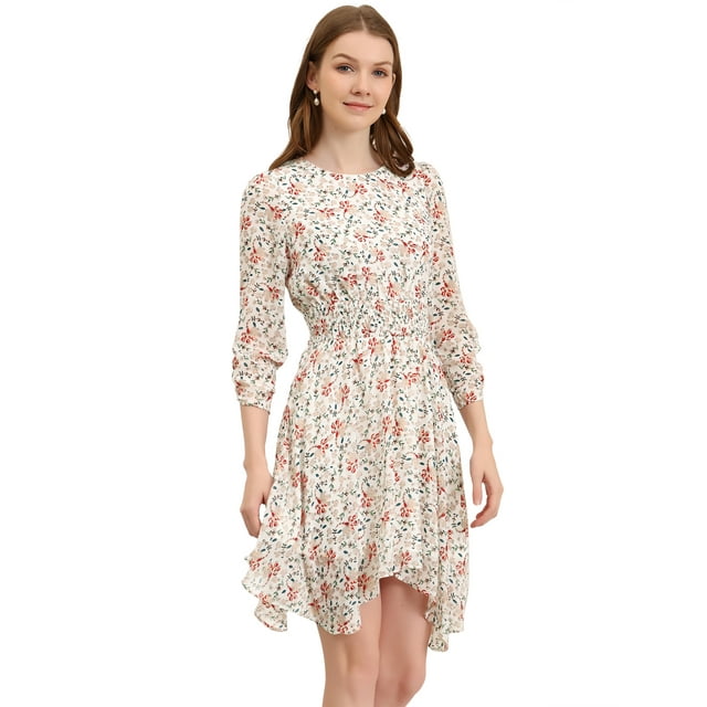 INSPIRE CHIC Robe Fleurie pour Femme Froncée Manches 3/4 Ourlet Asymétrique Robes Smockées Blanc G