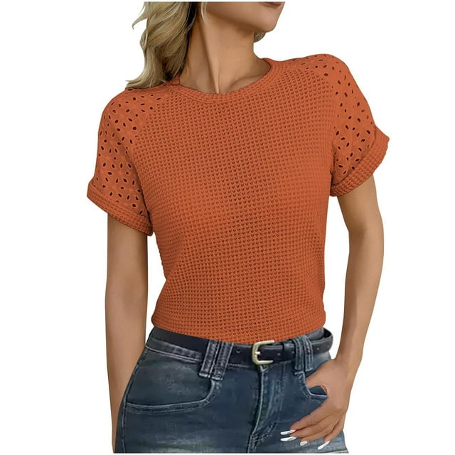 Camiseta de Cuello Redondo de Color Sólido Casual de la Mujer, Encaje Patchwork Manga Corta Superior para el Uso Diario