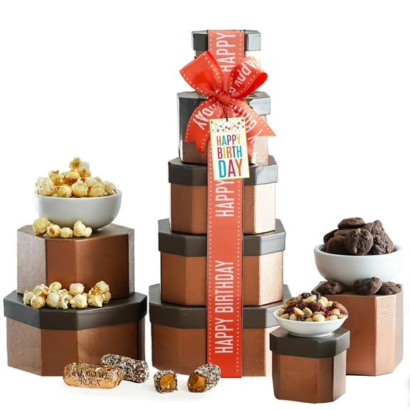 Happy Birthday Gift Basket Tower – Gourmet Snacks & Sweets Treat Box with Cookies for Him, Birthday Food Gifts for Women, Delicious Birthday Treats, Candy Surprise by Broadway Basketeers