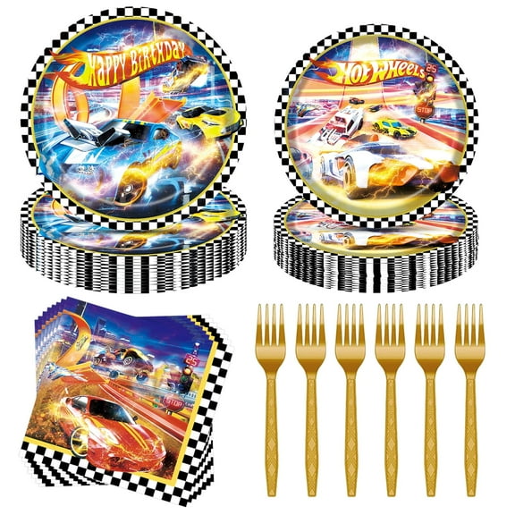 Kicpot Car Birthday Plates and Napkins Party Supplies, Car Birthday Party Decorations Set for Kids Yellow Party Decoration, 80Pcs Serve 20 Guests