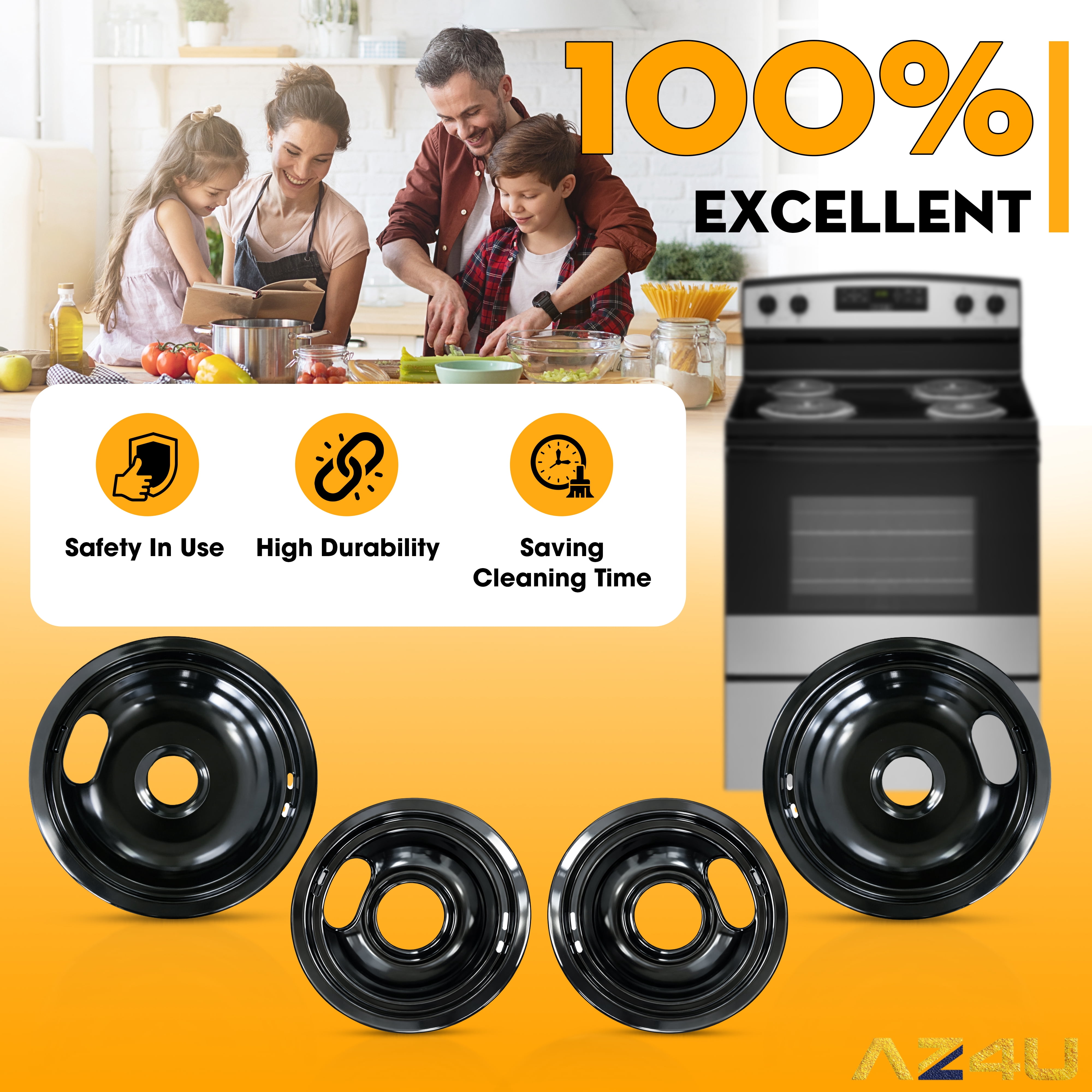 VNAF93 Upgraded Black Porcelain Drip Pans Set 4 Pack 318067041 & 318067051 Replacement for Frigidaire Electric Range Stove Burner for 5304430149, 5304430150 Includes 2 8-Inch and 2 6-Inch Pans