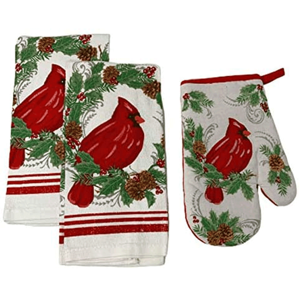 Mainstream Christmas Themed Kitchen Dish Towels and Oven Mitt Set, 3 Christmas Dishtowels