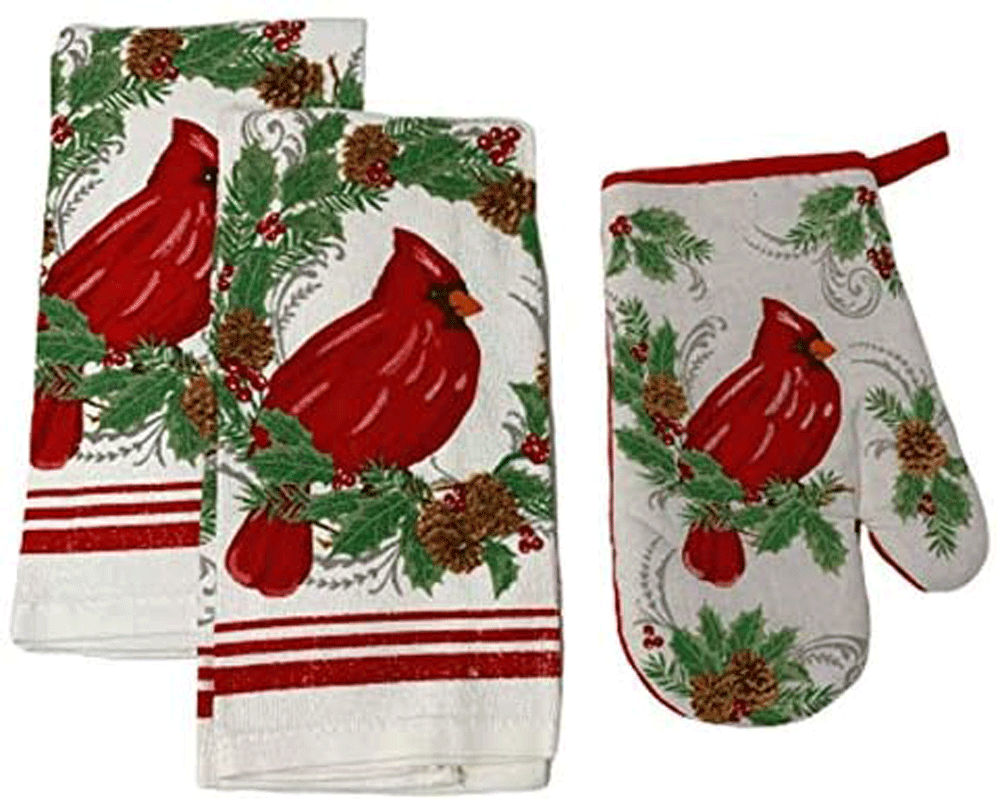 Mainstream Christmas Themed Kitchen Dish Towels and Oven Mitt Set, 3-Piece (Red Cardinal Holly 