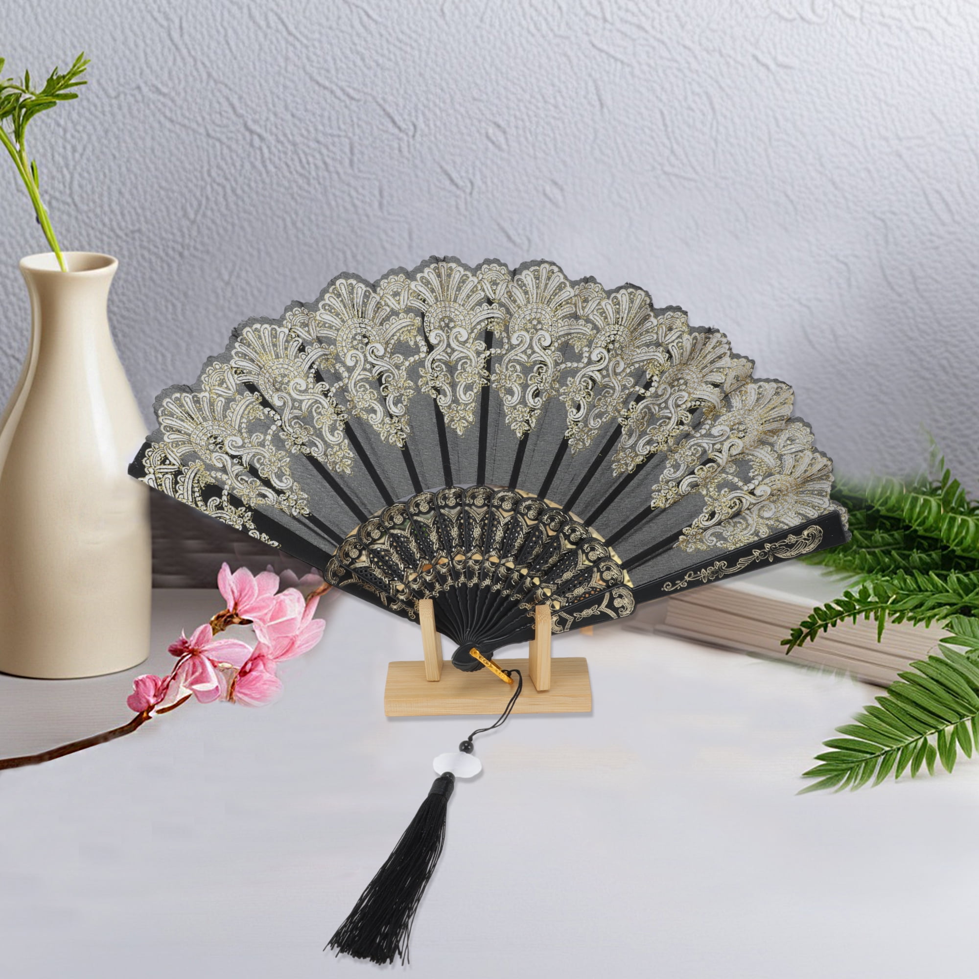 Unique Bargains Lucky Cloud Pattern Folding Fan 1 Pc for Summer Events Decorations Black
