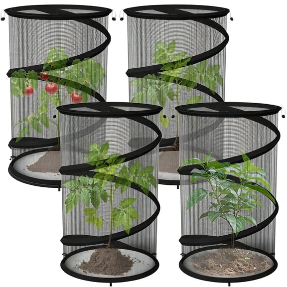 MISSMILE 4 Pack Pop Up Plant Guard Covers Tent from Animals Black, 19.6" X 11.8" Foldable Plant Protectors Mesh Net, Garden Plant Enclosure Protection Cage with Stakes & Carry Bag for Outdoor Plants