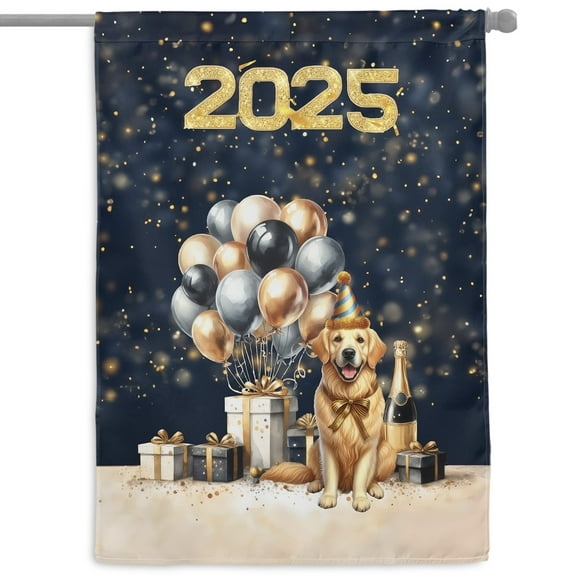 Happy New Year Golden Retriever Welcome 2025 Balloon Firework Party House Flag 28x40in Double Sided Goldens Dog Lover Gifts Idea Outdoor Decor - 01014