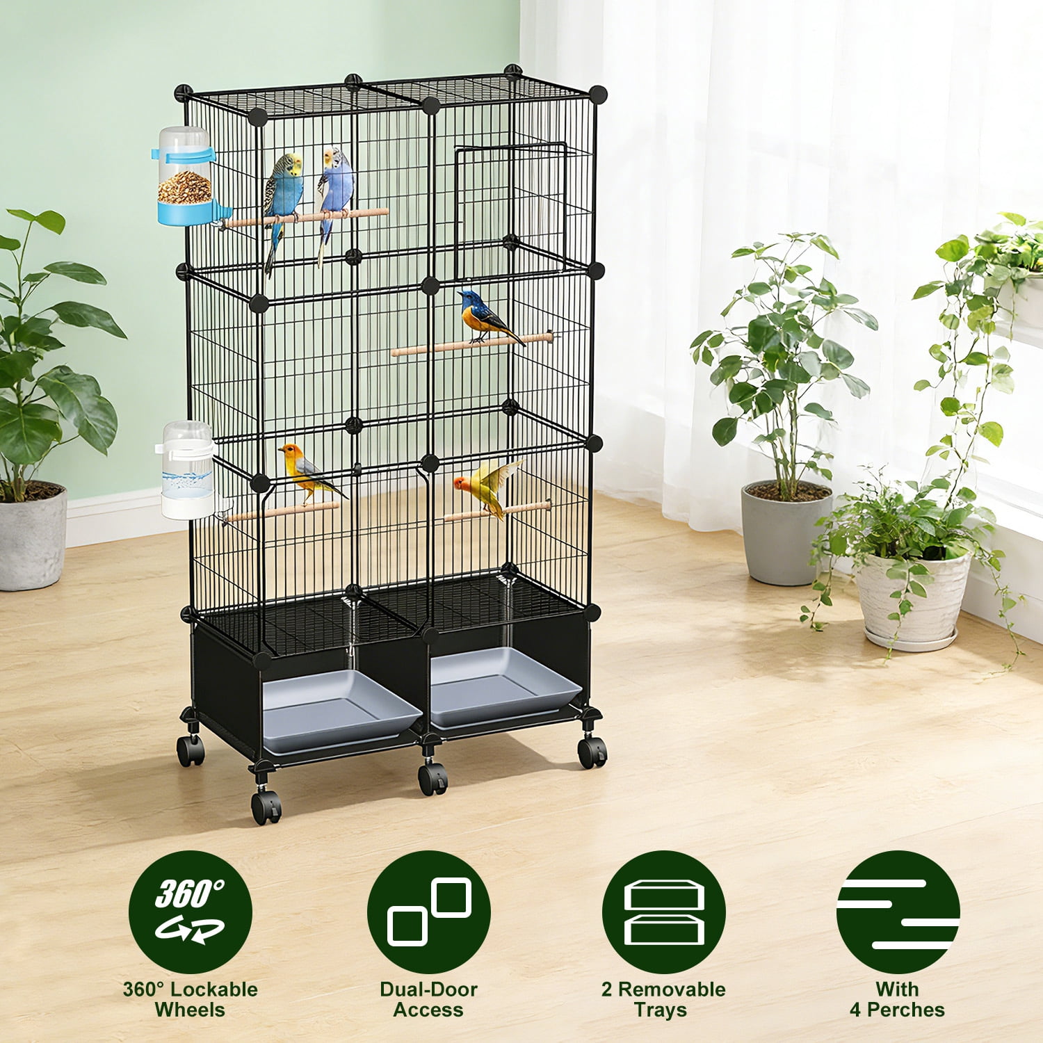 Zorpupoa 46in Spacious Indoor Bird Cage Pet Bird House with Lockable Wheels 2 Slide-Out Trays 4 Wooden Perches Feeder Set for Home Bird Care