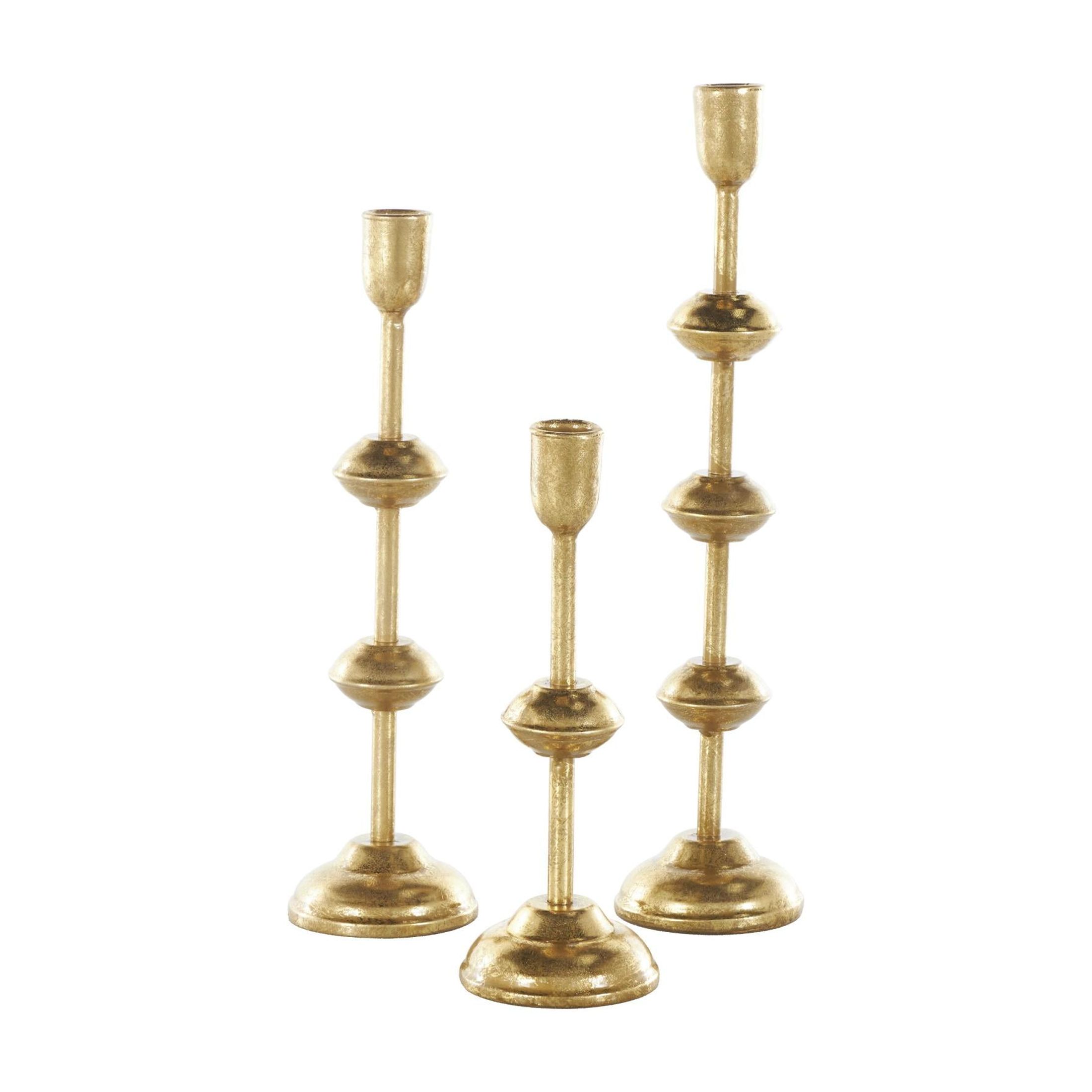 DecMode 3 Candle Gold Metal Slim Candle Holder with Floating Spheres, Set of 3