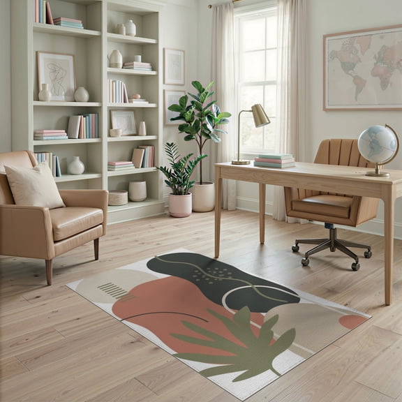 ODIKA 4'x6' Earthy Tones Abstract Tropical Leaf Washable Area Rug Modern Geometric Art with Organic Shapes for Dorm Room, Small Living Stain Resistant Low Profile, Easy Care