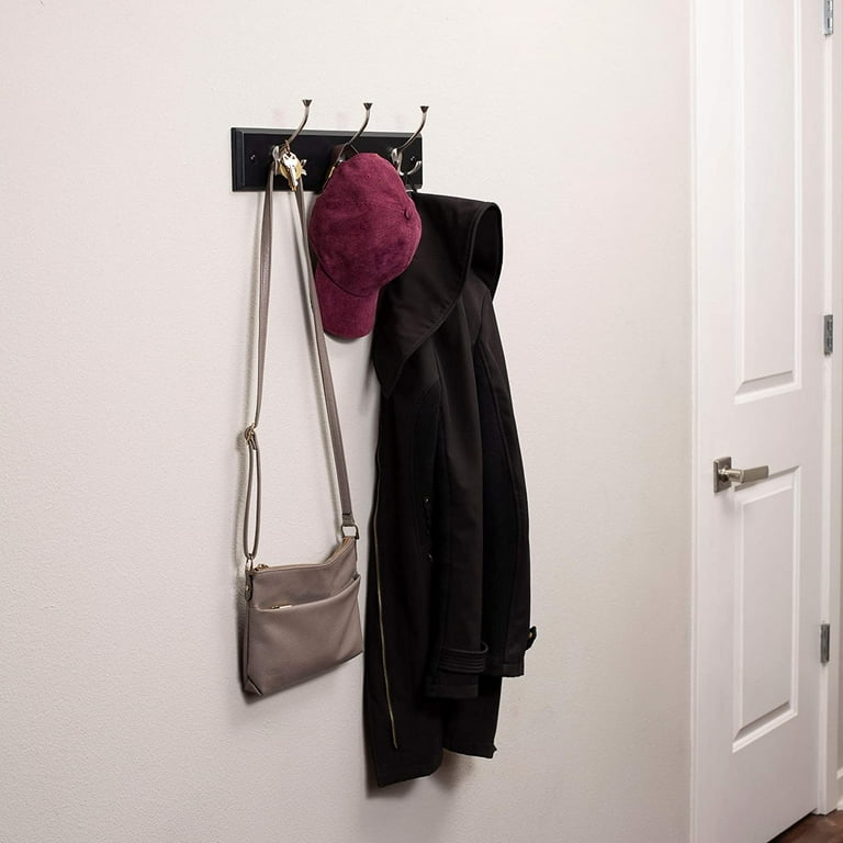 BirdRock Home Tri Hook Coat Rack 3 Hooks Wall Mount Hat Rack Black Finish Satin Nickel Hooks