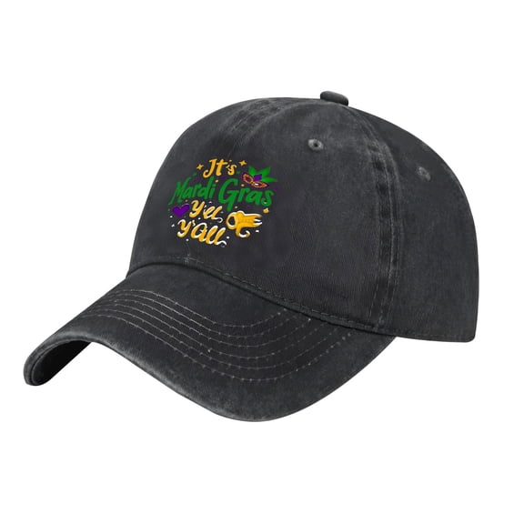Adjustable Vintage Cotton Washed Distressed Baseball Cap - Festive Mardi Gras Design with Colorful Text & Ribbons for Men & Women